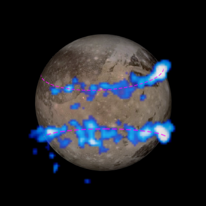 Hubble telescope image of Ganymede auroral belts (mapped with blue-white splotches) are imposed over a grayish Galileo orbiter image of Ganymede. Pink dotted lines indicate the paths of the belts across the moon's surface.