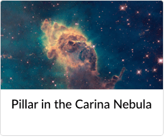 An opaque column of gold and brown glowing gas and dust rising against a blue-green background of gas-filled space with scattered pinkish stars.