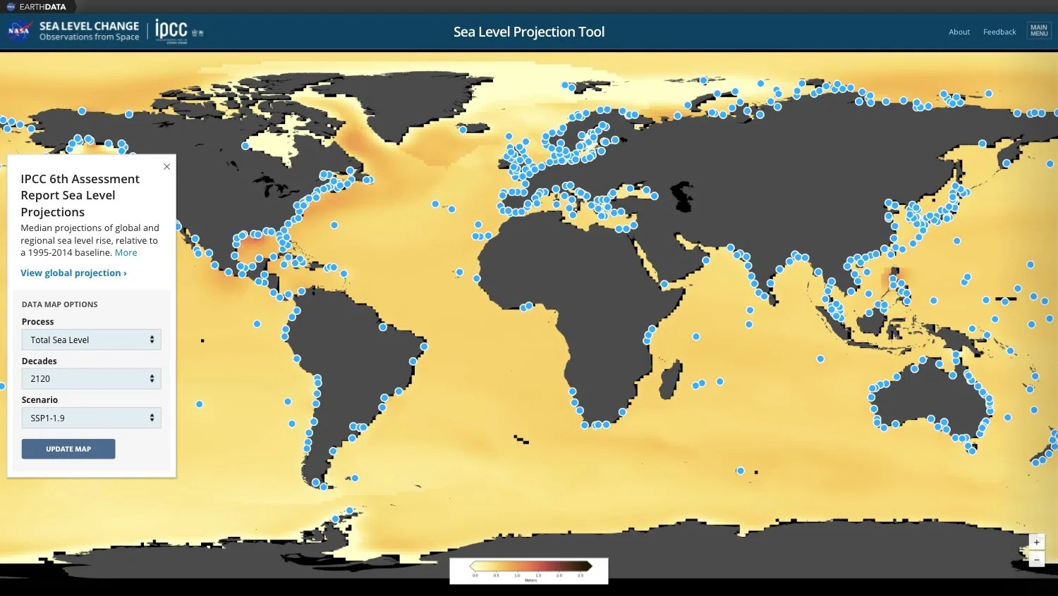 Screenshot of application displaying a map of the world with the ocean colorized in yellow,