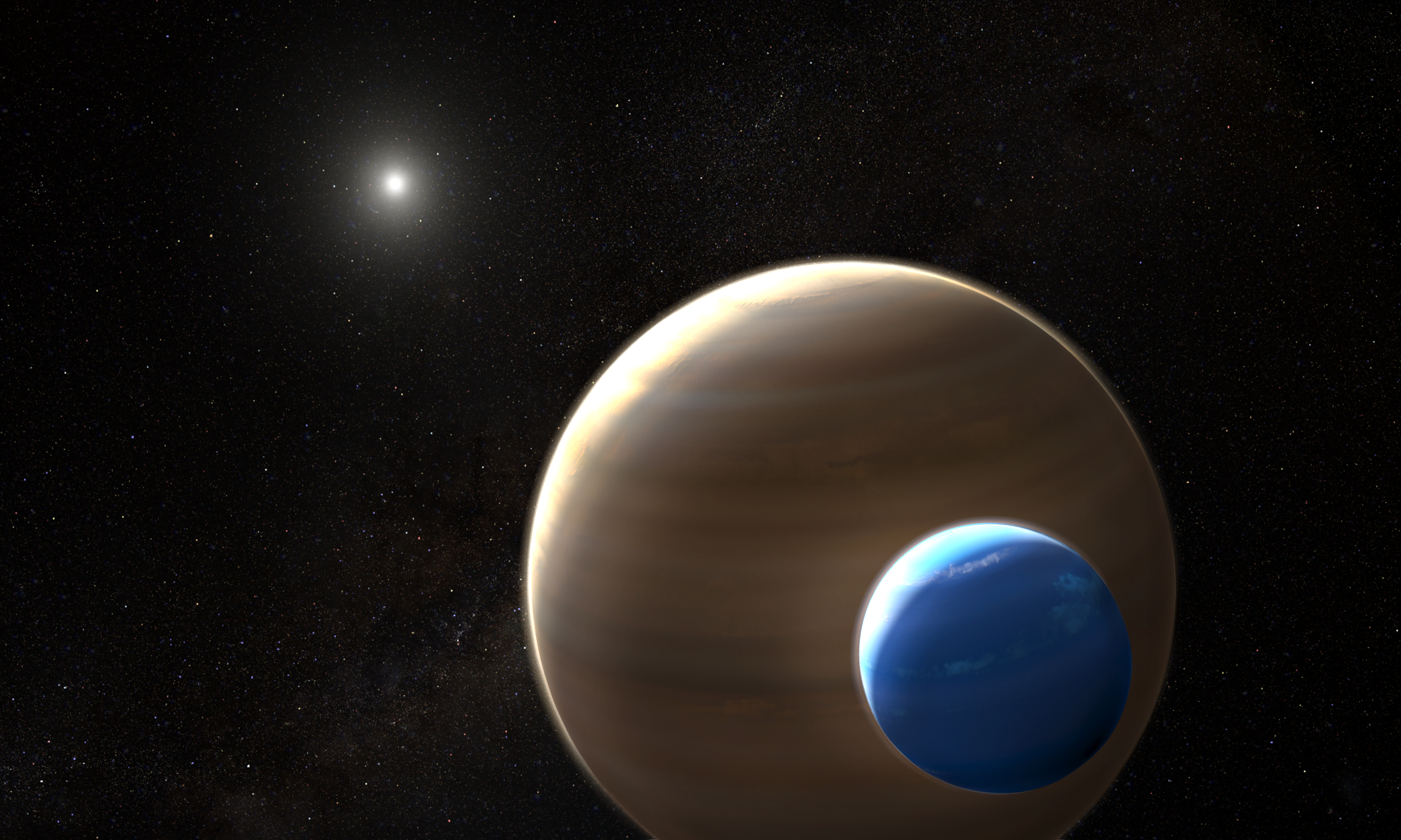 artist concept: A distant star off to the upper left. A large banded world is in the foreground. In front of it is a smaller, blue world.
