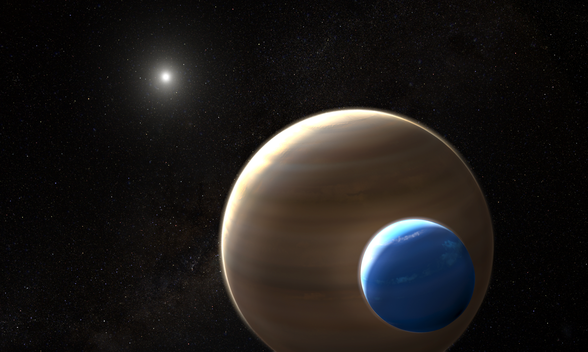 artist concept: A distant star off to the upper left. A large banded world is in the foreground. In front of it is a smaller, blue world. 