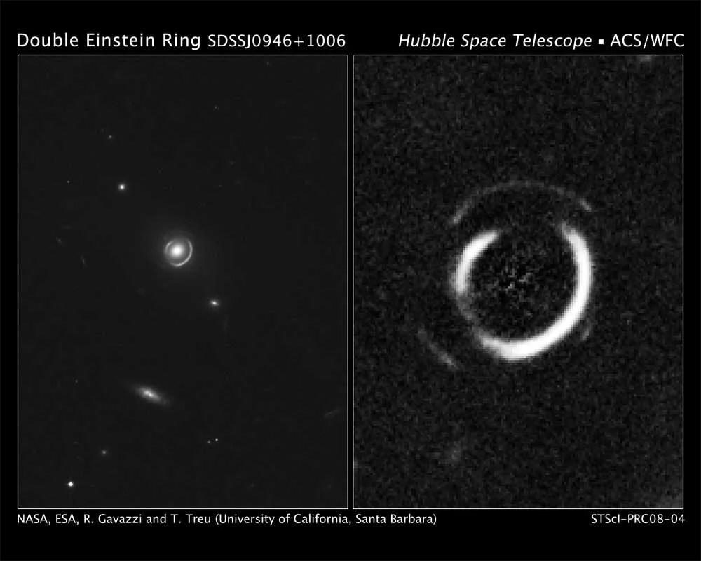 Image taken by HST of a gravitational field of an elliptical galaxy warping the light of two galaxies exactly behind it.