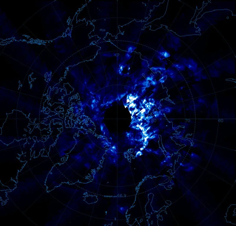 Image of noctilucent clouds superimposed over diagram of North Pole and surrounding regions