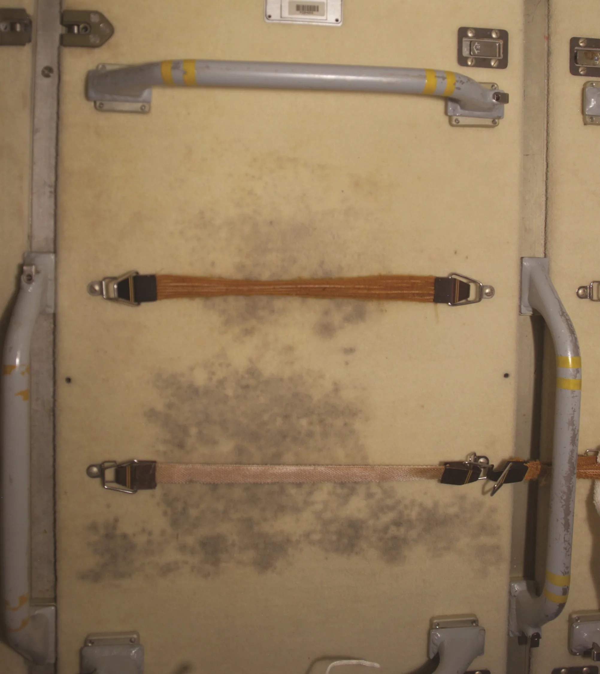 Cream-colored door with handles and straps, with brown spots on surface.
