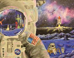 Painting of astronaut with space background