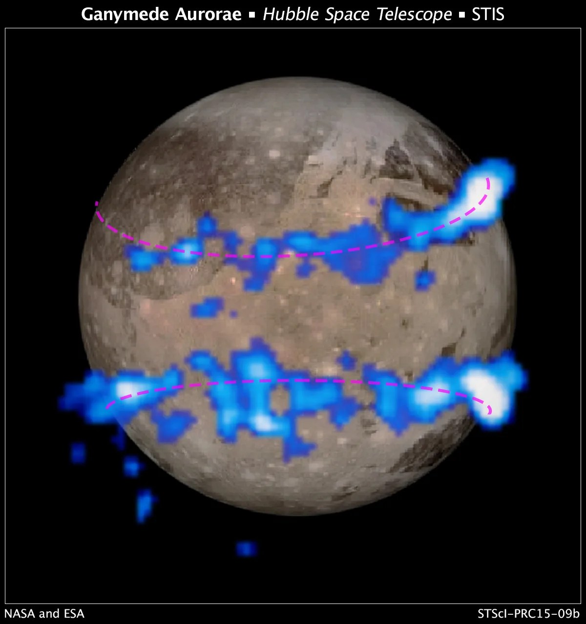 Hubble images of Ganymede's auroral belts (colored blue in this illustration).