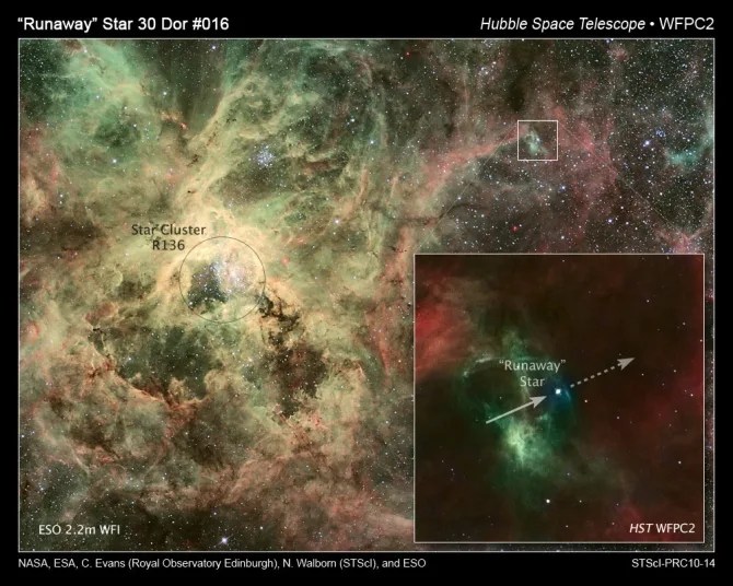 Runaway star inset in 30 Doradus nebula