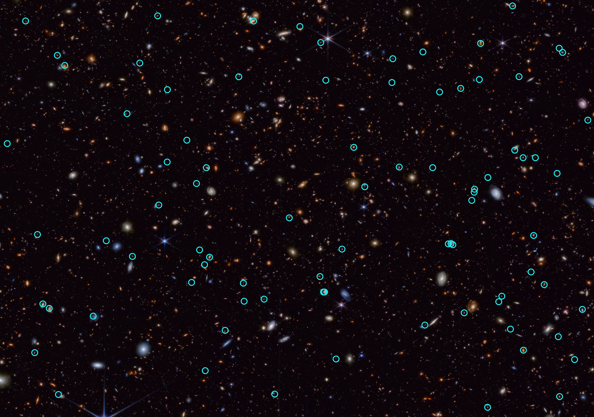 Space telescope image showing hundreds of objects of different colors, shapes, and sizes scattered across the black background of space. There are small red blobs; larger, fuzzy white or blueish ball-shaped masses with bright centers; white, pink, or blue disc shapes; clear spiral structures; and barely discernible specs. Eighty-three of the smaller objects in the image are circled in green. Some of the circles are close together; some are far apart; some overlap. There is no apparent pattern in the distribution.