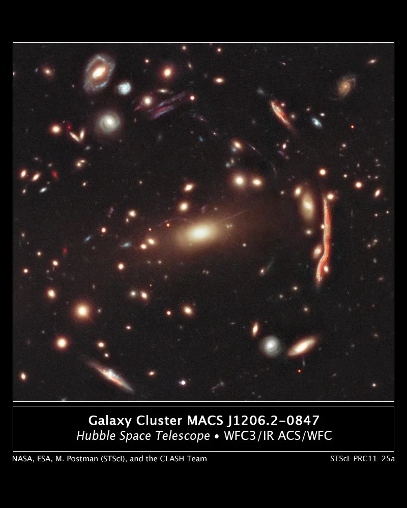 Galaxies are distorted by dark matter in this hubble image of cluster MACS 1206