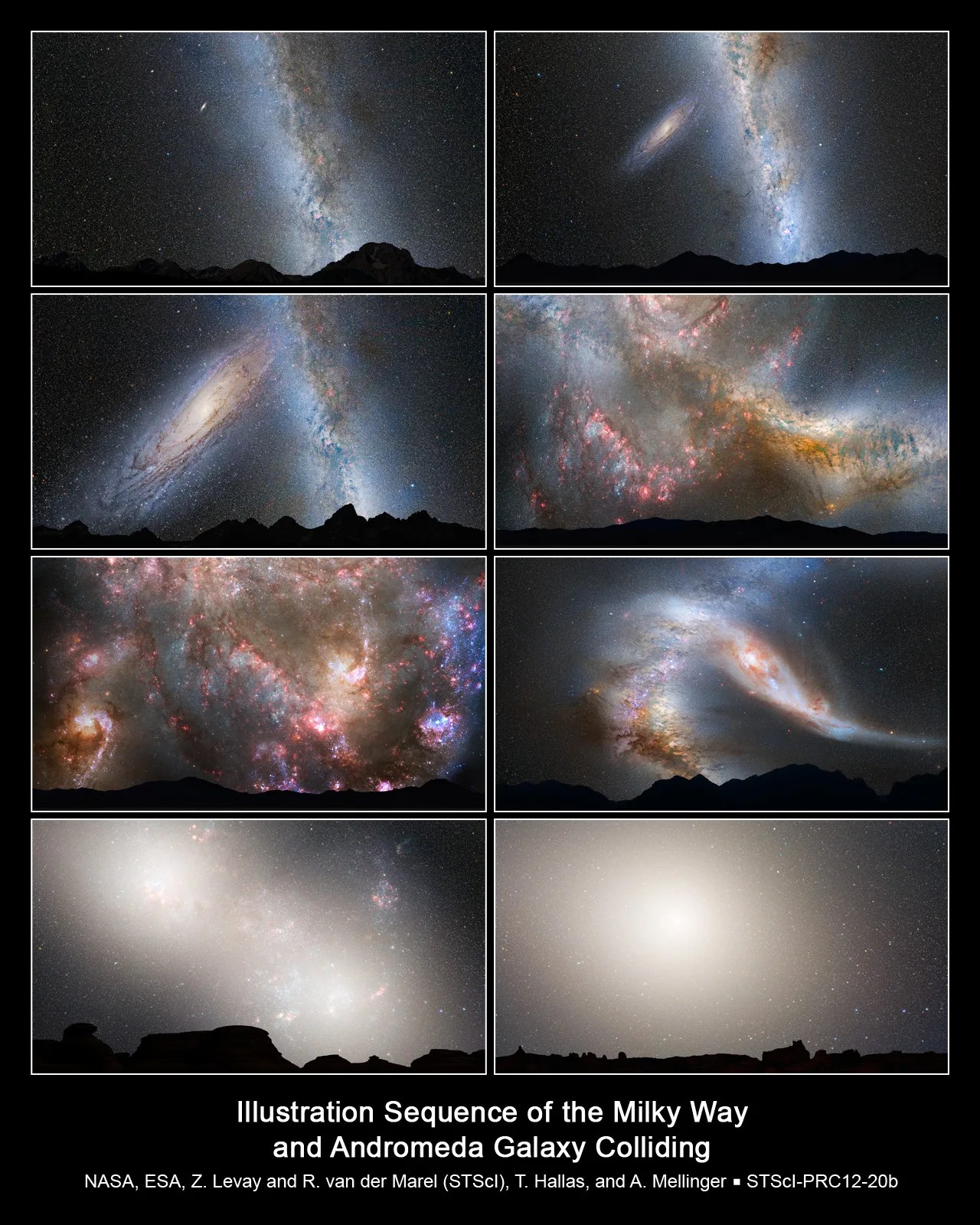 eight images showing steps in merger between Milky Way and Andromeda galaxies