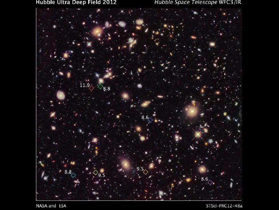 This new image of the hubble ultra deep field 2012 campaign reveals a previously unseen population of seven faraway galaxies.