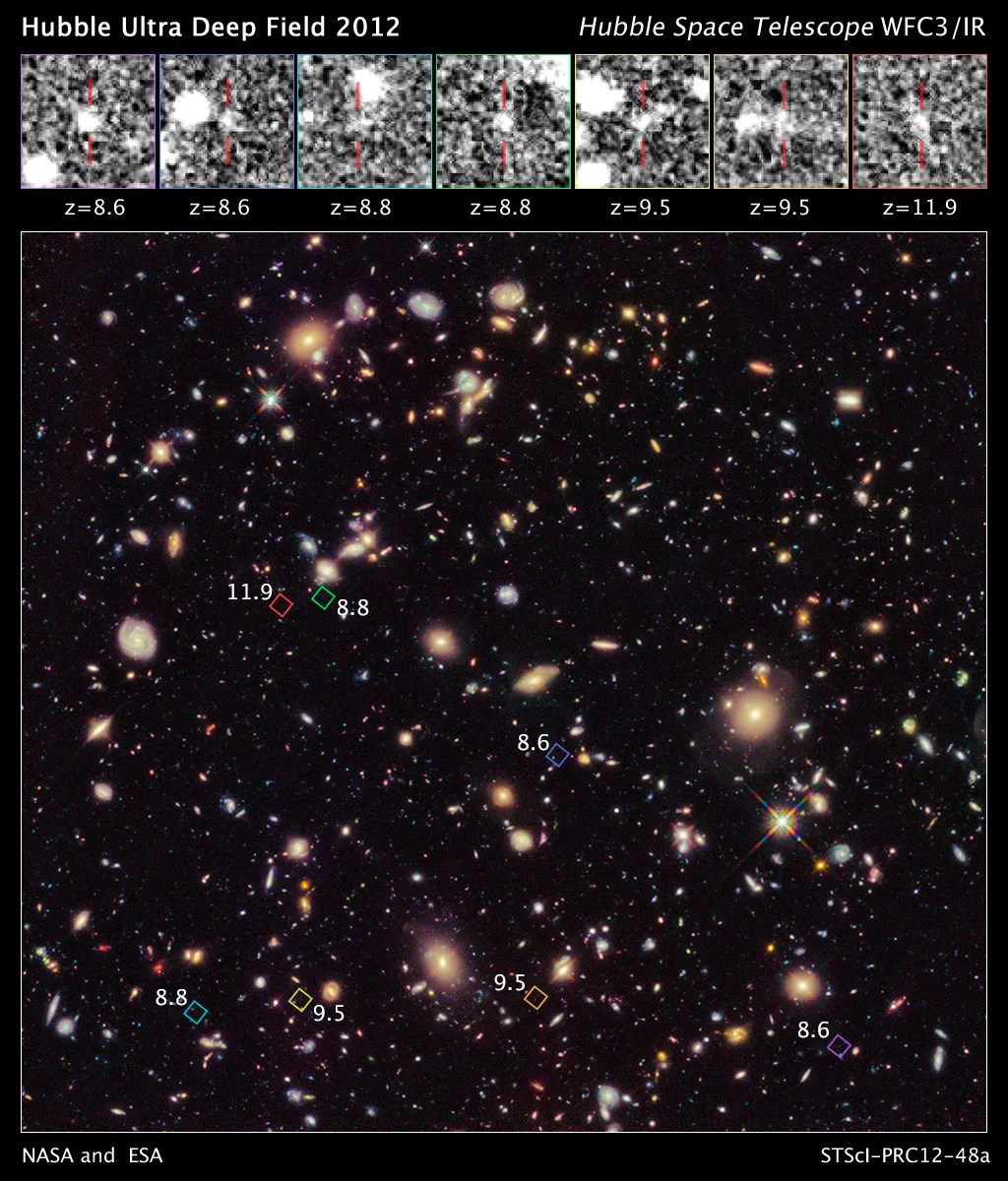 This new image of the Hubble Ultra Deep Field 2012 campaign reveals a previously unseen population of seven faraway galaxies.