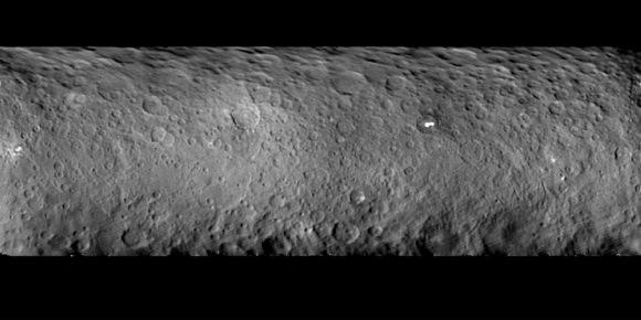 Dawn observed Ceres throughout a full nine-hour rotation of the dwarf planet, yielding this global mosaic of craters, mysterious bright spots and other intriguing features. The photos were taken on Feb. 19 from a distance of about 46,000 kilometers. Ceres has about 38 percent of the area of the continental United States. Credit: NASA/JPL-Caltech/UCLA/MPS/DLR/IDA