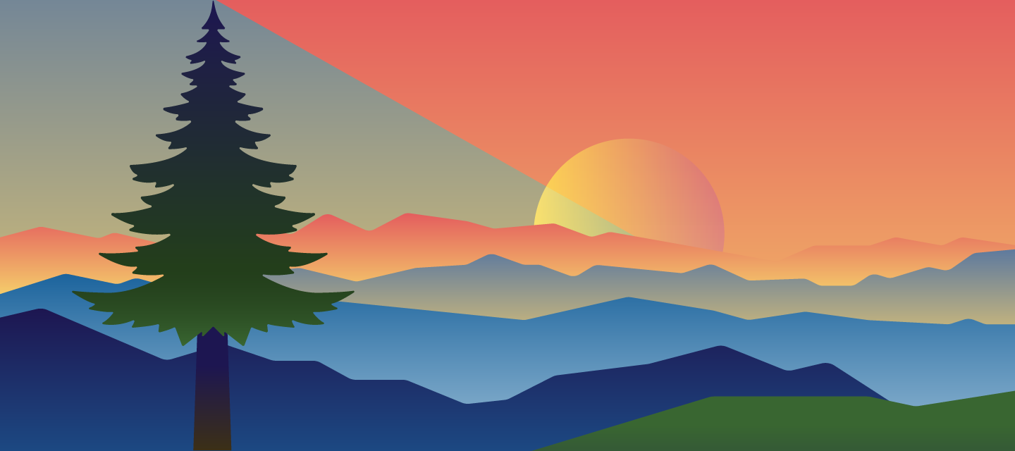 Graphic illustration of a pine tree and a sunset