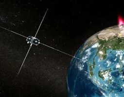 Artist's rendition of themis satellite over earth.