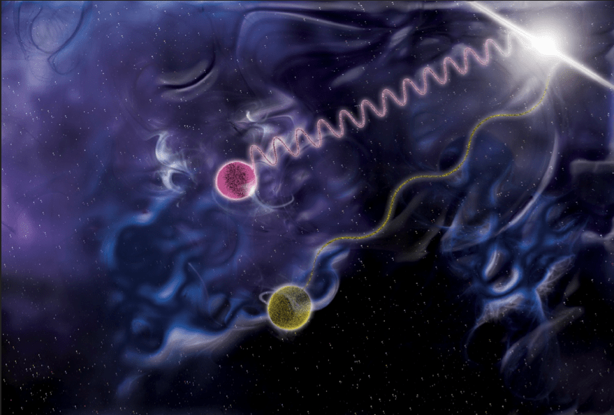 Artist's illustration of Two photons of different energy race through foamy spacetime after being emitted from a gamma-ray burst. Credit: NASA/Fermi/Sonoma State University/Aurore Simonnet.