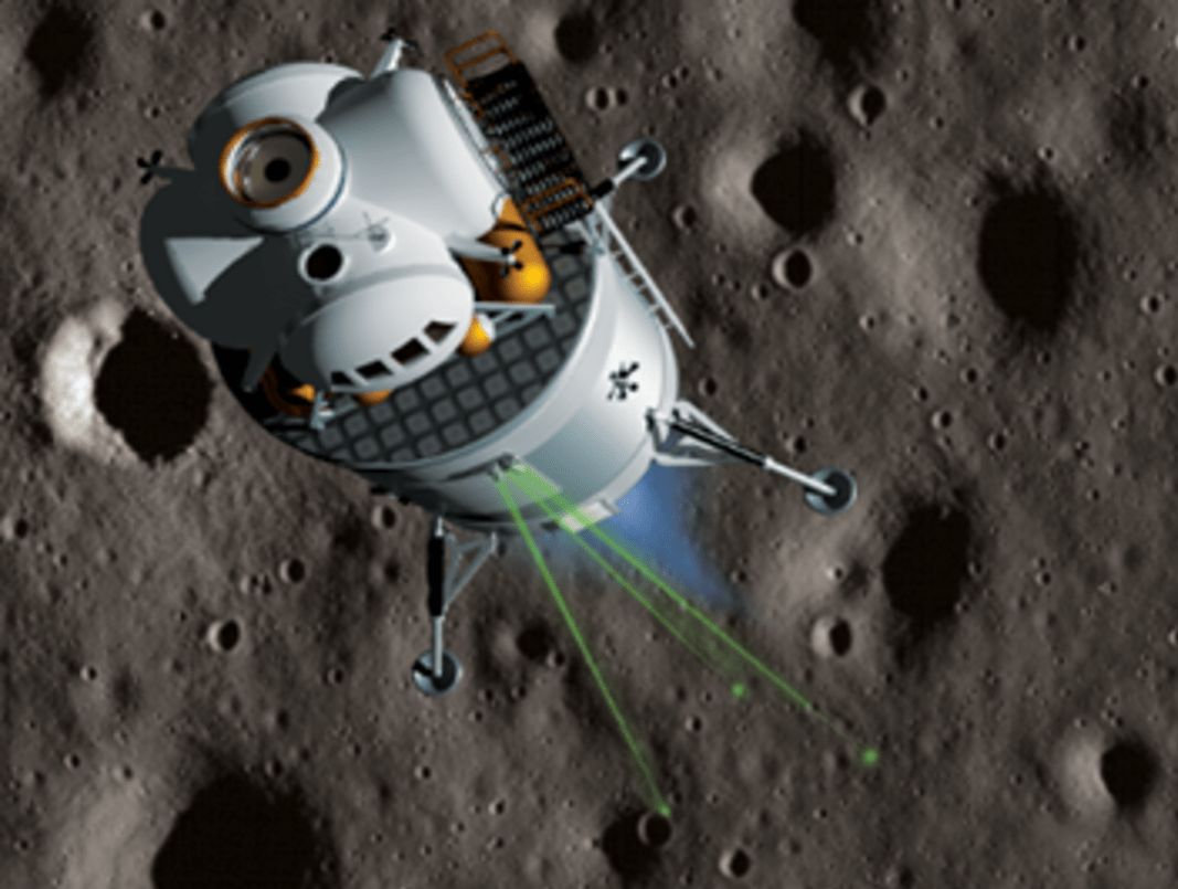 The black background contrasts with the light grey graphic surface of the moon. The simulated lander starts in a sideways position in the top left corner then slowly starts to turn and get lower to the surface step by step. There are four images of the lander until it lands on the surface. The last lander position hovers over a small yellow circle, indicating the dispersion ellipse.