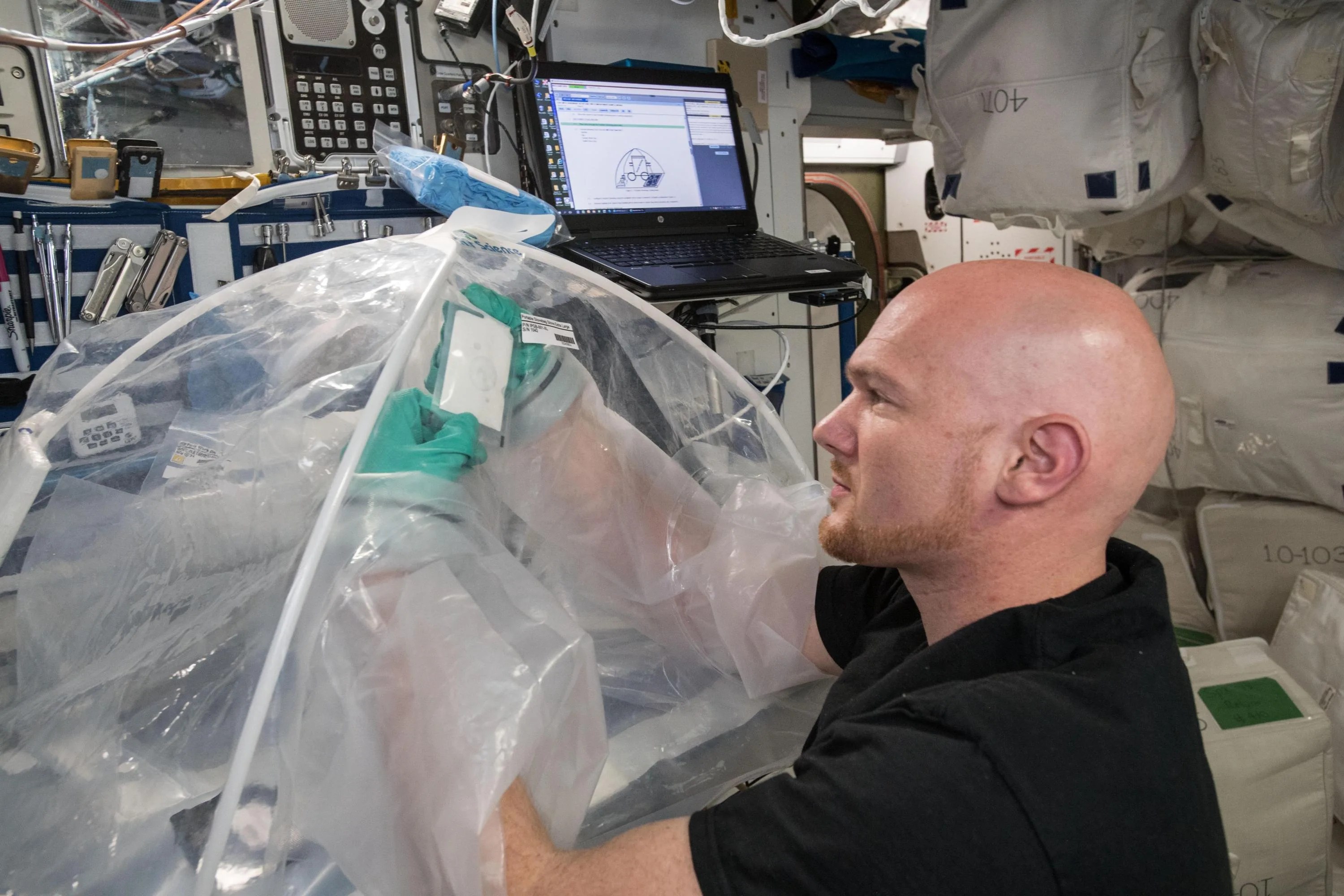 Photo of male astronaut wearing green latex gloves and handling an experiment underneath a clear plastic tent.
