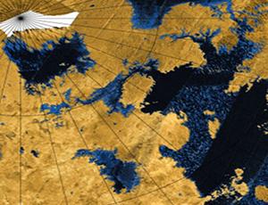 RADAR composite of Titan with dark blue areas representing liquid hydrocarbon and tan areas representing dry land.