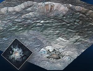 Dawn’s high-resolution topographic model of the Occator Crater with an overlay of its central pit