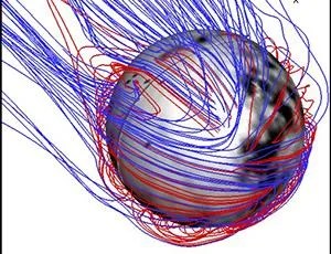 3-D map of Mars’ magnetic topology depicting red and blue magnetic field lines