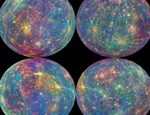 Four colorful angles of Mercury using data from two MESSENGER instruments