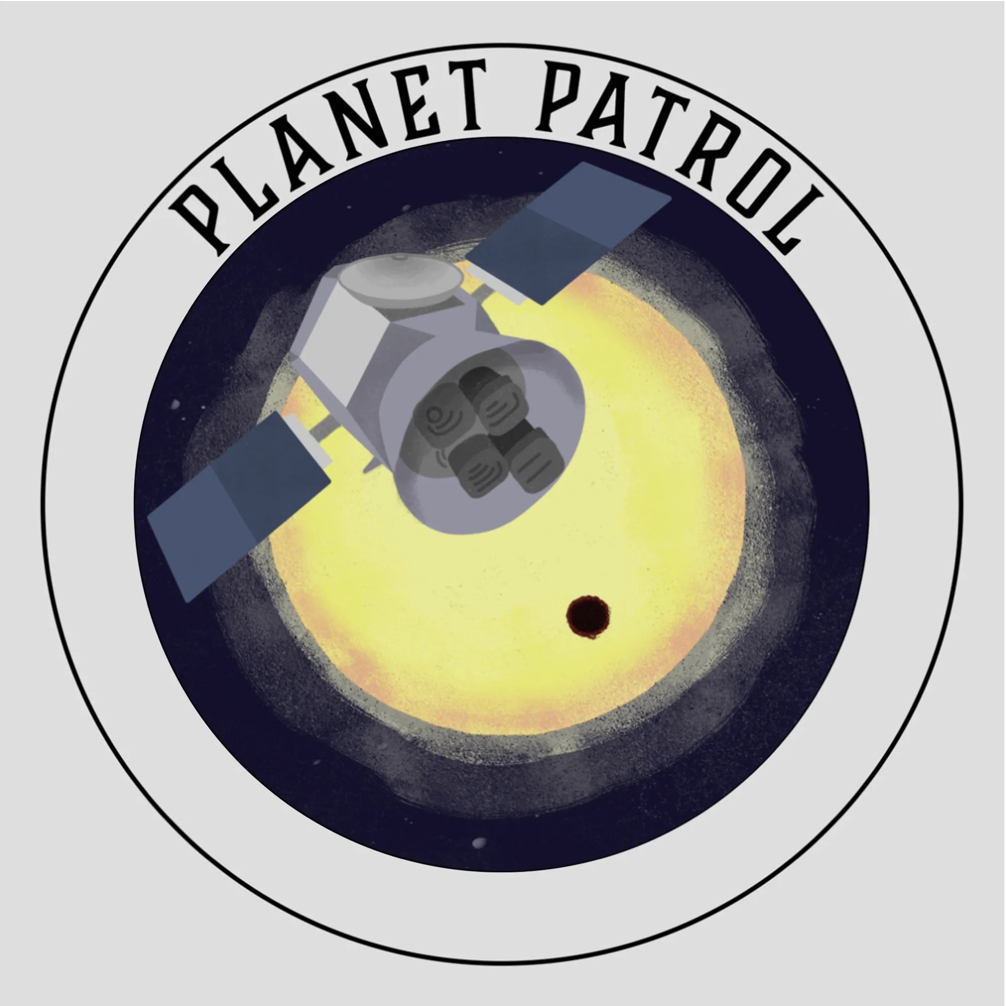 Illustration of the yellow sun fading to orange around the outside and a planet represented by a black dot transiting across. An illustrated satellite overlays the sun and the text Planet Patrol sits above the illustration.