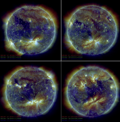 These EUV images of the Sun’s outer atmosphere were recorded with SDO’s AIA telescopes one solar rotation (approximately 27 days) apart so that the same side of the Sun is seen in each image. The large, bright magnetic region in the southern hemisphere changes shape gradually, with a long, dark filament forming in its center, but recognizable from image to imate. Elsewhere on the Sun, new magnetic regions emerge and existing ones are distorted, while their temperatures (shown by the colors) change all t