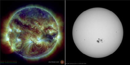Images taken by NASA’s Solar Dynamics Observatory on October 24, 2014. The image on the left shows the Sun’s hot atmosphere in extreme ultraviolet (EUV) light, with colors measuring temperature: blue is about 1.1 million degrees Celsius, green about 1.6 million, and red 2.2 million. The image on the right is taken in visible light at the same time, showing how we would see the Sun if viewed with a safe telescope. The sunspots seen on that day were the largest in over 25 years; the Earth would easily fit