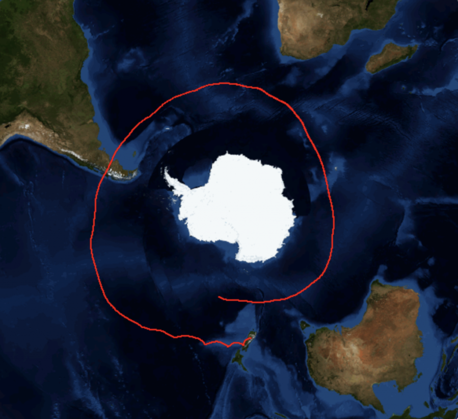 A map with Antarctica at the center. A red line forms a circle around the continent showing the flight track of NASA's super pressure balloon.