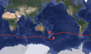 A global map with a red line showing the starting point of NASA's balloon flight in New Zealand and the balloons current position in the South Pacific Ocean southeast of New Zealand.