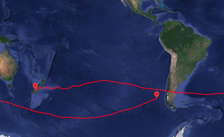 A Google Map view of the Pacific Ocean, with Australia on the left and South America on the right. A pin is on New Zealand where the balloon originated from and a red line extends to the right over South America and off the screen, showing the first land crossing. Another red line starts from the left side of the screen, traveling south of the original pin location toward South America, with another red pin just off the coast.