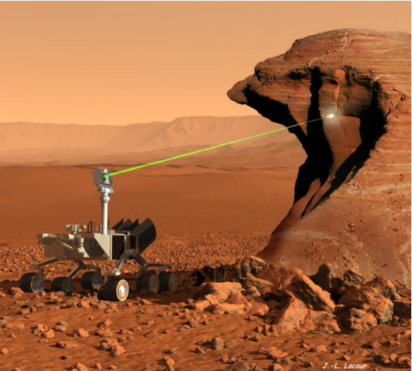 Artist conception of the ChemCam instrument performing laser analysis of a rock outcrop on Mars. ChemCam can analyze targets at distances up to 7 m. Credit: J.-L. Lacour