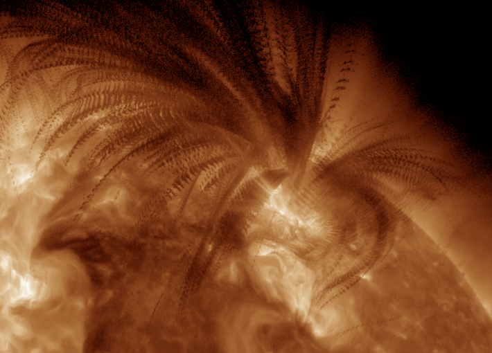 On 2011/07/06 the Sun exhibited a very large eruption, in which a large, massive filament was thrown up from the surface. The cool, dark material absorbed EUV light coming from behind it, causing a dark appearance of the ejection material. Whereas commonly most of such ejected material becomes part of a coronal mass ejection moving into the planetary system, in this case most fell down again subject to solar gravity. This image is a stroboscopic composite from a sequence of originals taken one minute apart.
