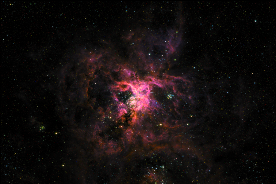 The Tarantula nebula appears as a vivid burst of pink, red and gold in the center of the black, star-dusted background of space. The nebula is intensely colored near the center of the image, fading to dusty clouds of dark red and purple toward the edges. The entire nebula has the appearance of a bright cloud of glowing dust. Many stars are visible in the background, including shining through the nebula.