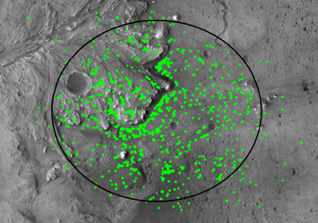 Map of safe landing targets represented by bright green dots.