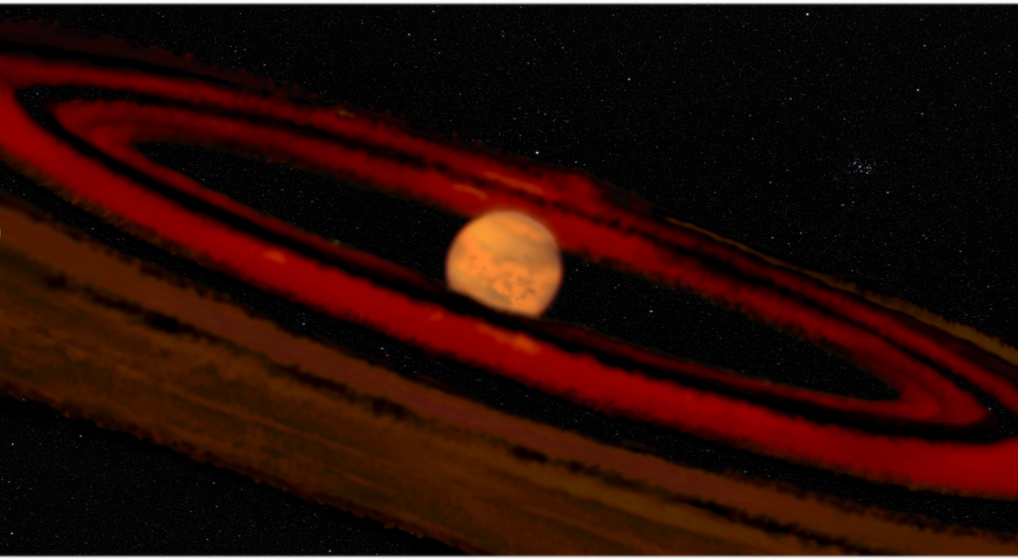 Image of an orange planet with red rings