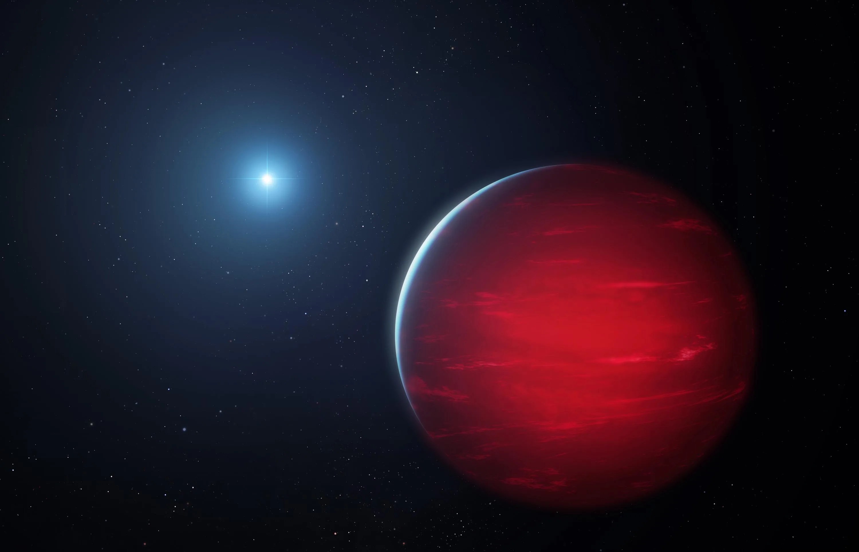 Illustration with black background and a larger red sphere in the foreground and a small white-blue glowing sphere in the distance.