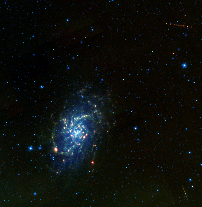 The Wide-field Infrared Survey Explorer (WISE) mission captured this infrared view of an Earth-orbiting satellite (green streak, lower right), the Main Belt Asteroid Regina (which appears as a string of orange dots, upper right), and the Triangulum Galaxy (center left), one of the closest galaxies to our own Milky Way. In this heat-sensitive infrared image, the shortest wavelengths are color-coded blue, and the longest are shown as red. Regina was detected by the WISE's mission asteroid-finding pipeline, kn