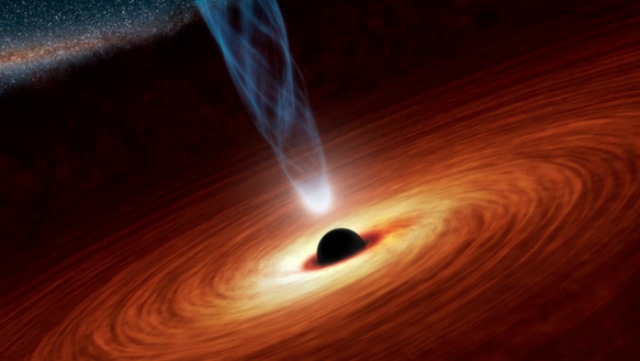 Artist’s conception of the regions near a black hole.  Matter swirls in, attracted by the black hole’s gravity, forming a disk.   Particles are accelerated close to the speed of light in collimated jets.  These regions emit copious amounts of energy in the form of X-ray light. Credit: NASA.