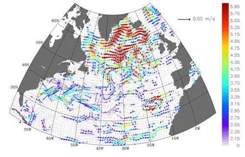 Data map using color arrows and lines to indicate ocean circulation system.
