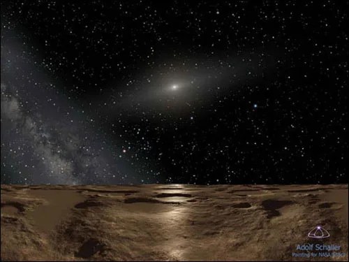 Illustration of the rocky surface of a planetoid with the universe in the back