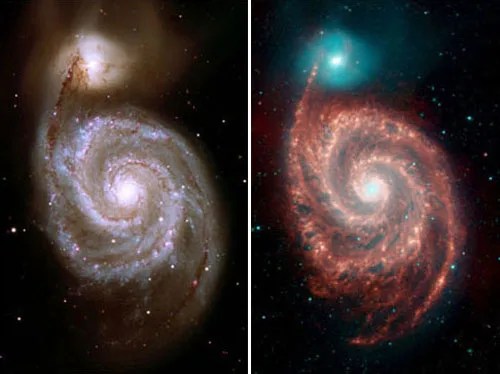 Infrared images of a whirlpool galaxy; purple, red and blue against a starry black universe