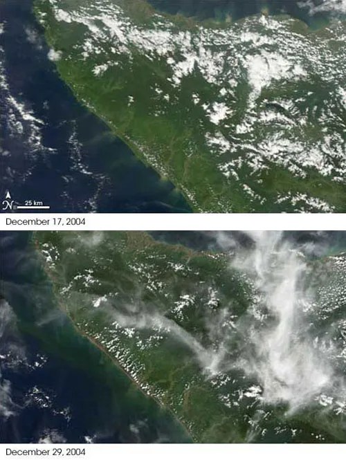 This pair of images from NASA's Terra satellite shows the Aceh province of northern Sumatra, Indonesia, on December 17, 2004, before the earthquake, and on December 29, three days after