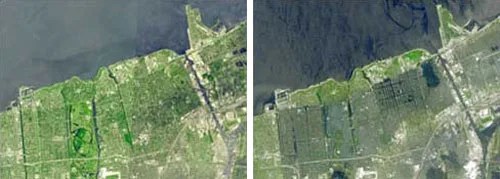 The left photo is a mosaic of images taken of New Orleans by NASA's Terra satellite in April and September 2000. The right photo, taken by the same spacecraft, shows New Orleans on September 15, 2005, with flooding caused by Hurricane Katrina