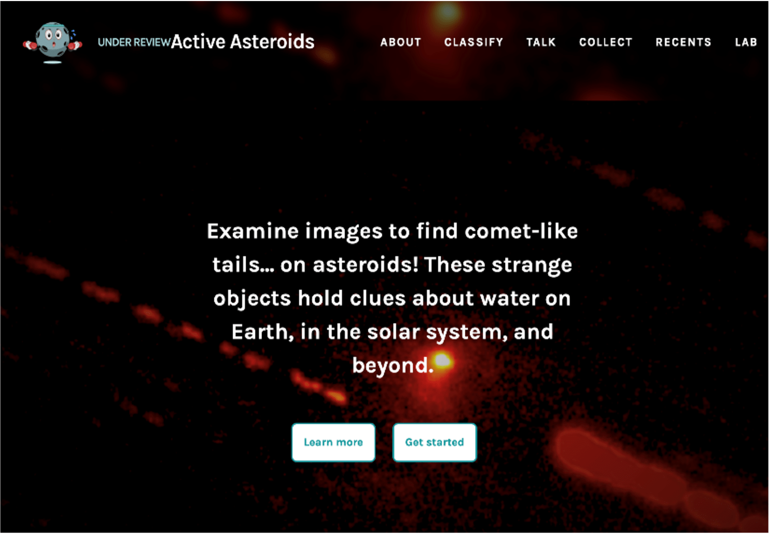 Screen shot of the Active Asteroids website