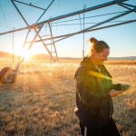 Woman standing in a crop field with irrigation equipment.