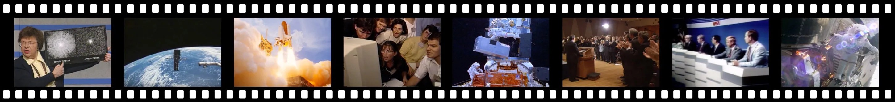 film strip with montage of Hubble mission images and activities illustrated