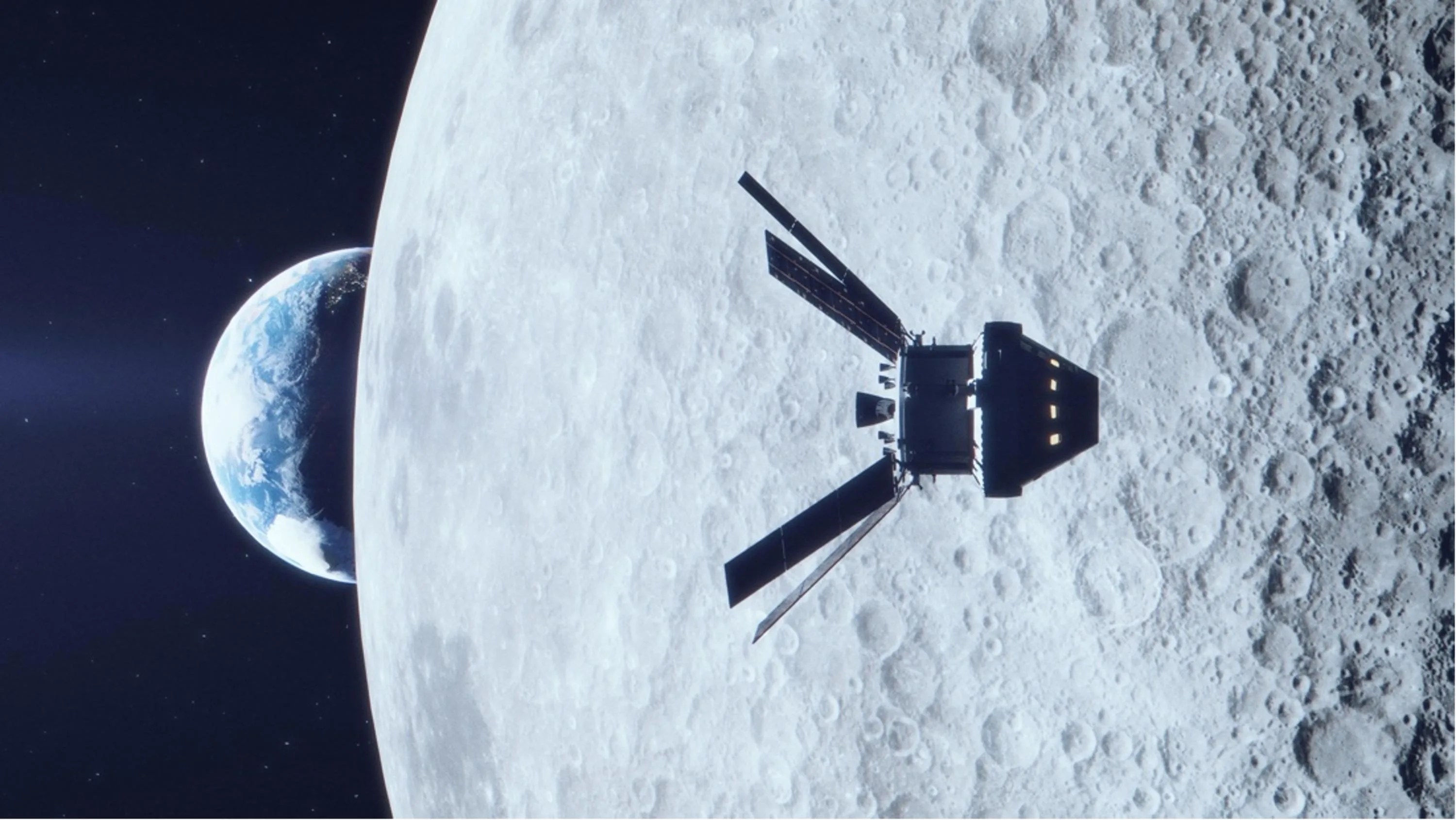 In the foreground, is capsule orbiting around the cratered surface of the Moon with half of Earth appearing behind.