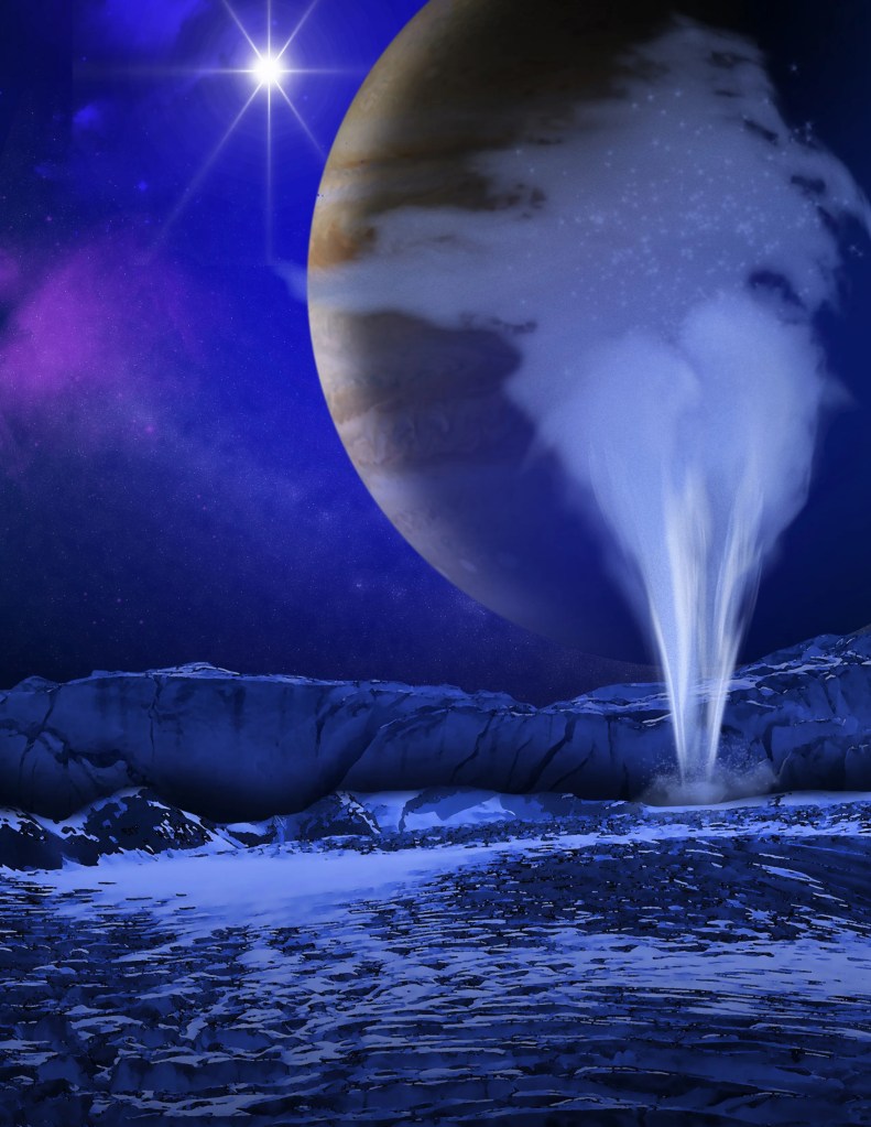 This is an artist's concept of a plume of water vapor thought to be ejected off the frigid, icy surface of the Jovian moon Europa.